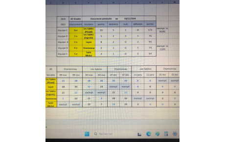 Classement provisoire AS Vendée  08 décembre 